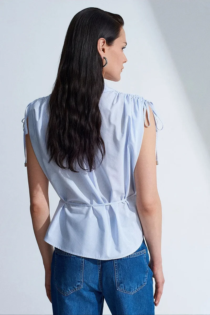 Dilvin Baby Blue DILVIN Striped Cotton Poplin Sleeveless Shirt for Women | Best Price UAE