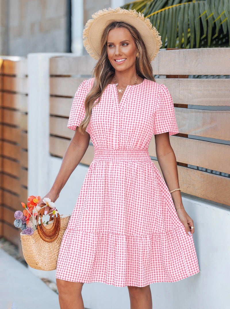 popvil Women Summer Mini Gingham Dress 2026 Spring A Line Casual Sun Dress Short Sleeve Beach Vacation Boho V Neck Short Dress Wedding Guest(Pink,Medium) - Image 4