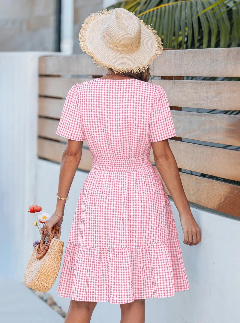 popvil Women Summer Mini Gingham Dress 2026 Spring A Line Casual Sun Dress Short Sleeve Beach Vacation Boho V Neck Short Dress Wedding Guest(Pink,Medium) - Image 3