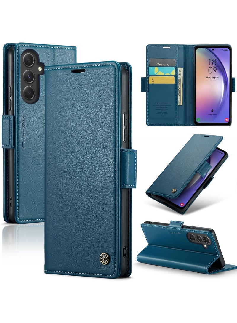 CaseMe Phone Case Luxury PU Leather Design Anti Fingerprint 023 Flip Cover Card Slot Holder Cover For Samsung Galaxy A54 (Blue) - Image 1
