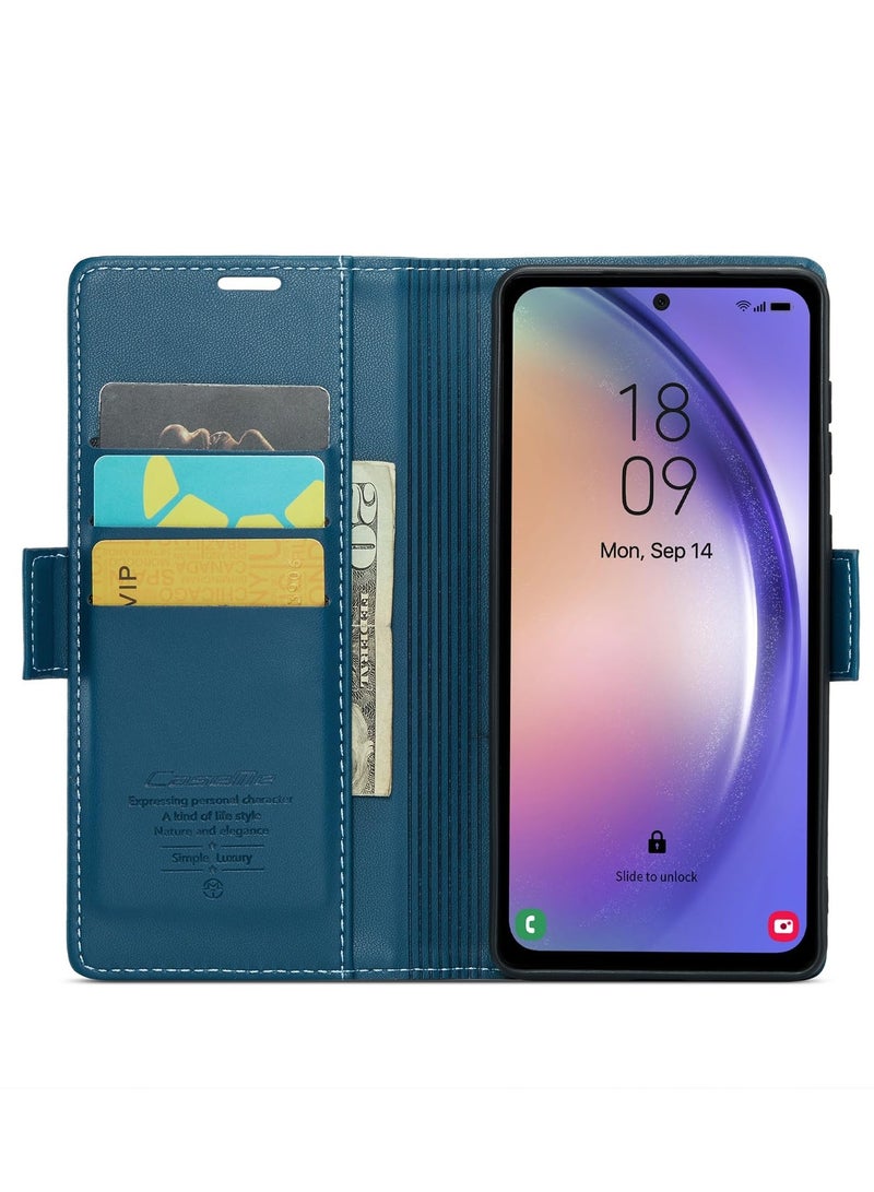 CaseMe Phone Case Luxury PU Leather Design Anti Fingerprint 023 Flip Cover Card Slot Holder Cover For Samsung Galaxy A54 (Blue) - Image 4