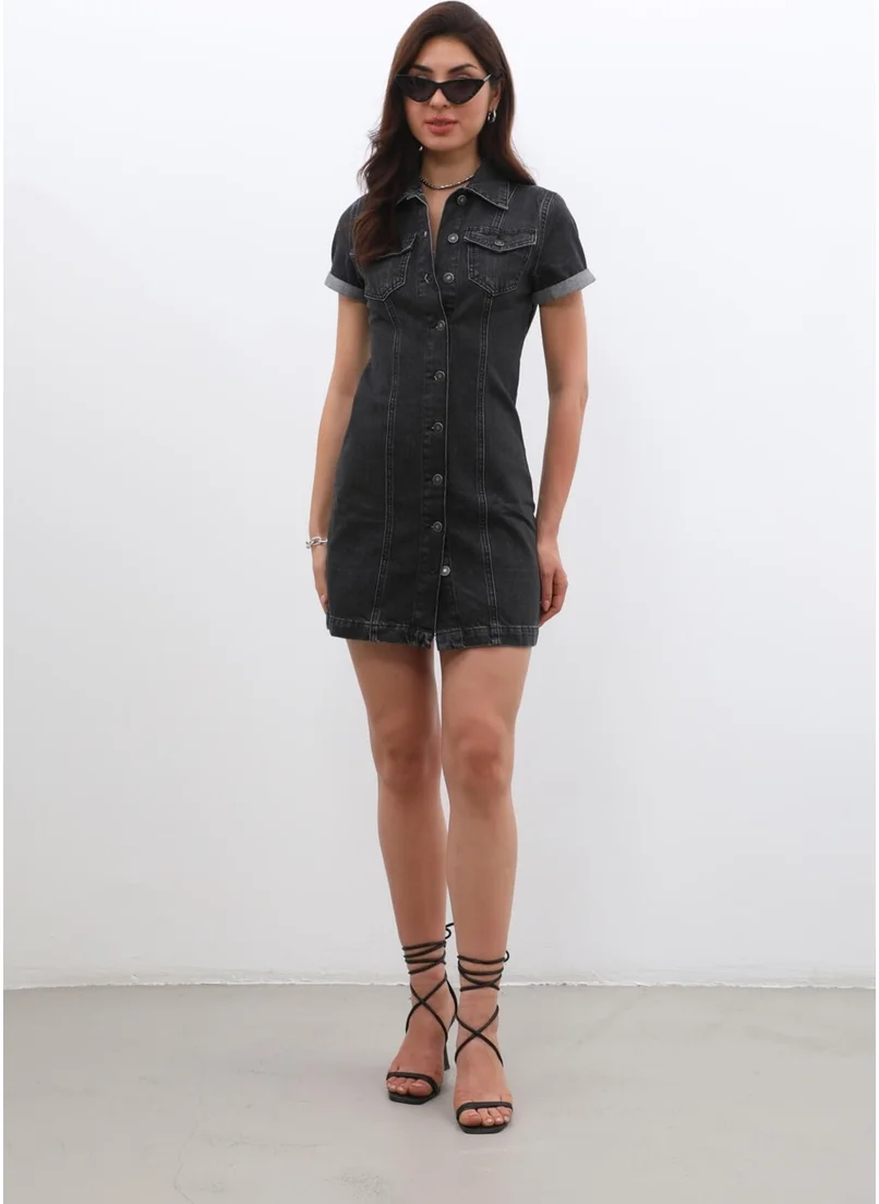 Banny Jeans Short Sleeve Front Buttoned Jean Dress Black