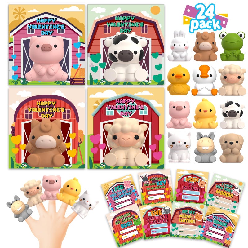 AuroTops 24 Pack Farm Animal Finger Puppets with Unique Cards Valentine Party Favors for Boys Girls Kids Exchange Valentines Gifts - Image 3