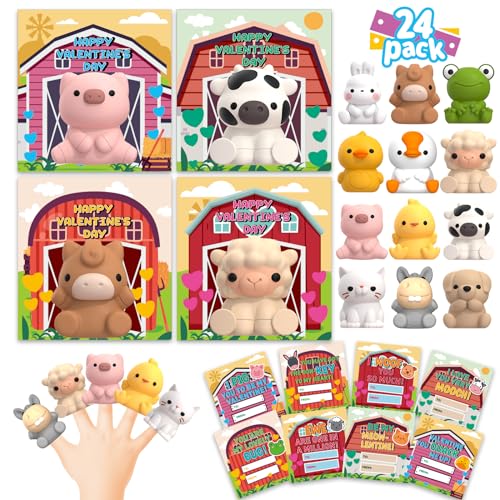 AuroTops 24 Pack Farm Animal Finger Puppets with Unique Cards Valentine Party Favors for Boys Girls Kids Exchange Valentines Gifts - Image 1