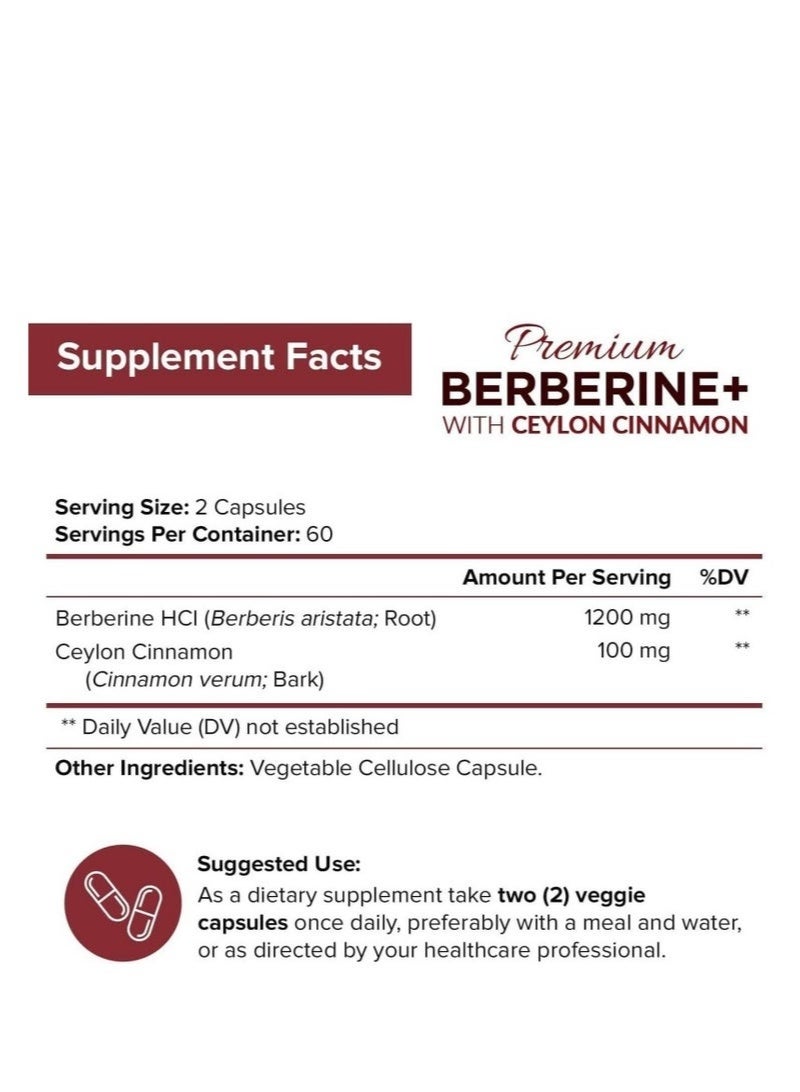 Premium Berberine HCL 1200mg with Ceylon Cinnamon – Natural Blood Sugar & Metabolism Support | Heart & Weight Management Supplement – 120 Capsules - Image 3