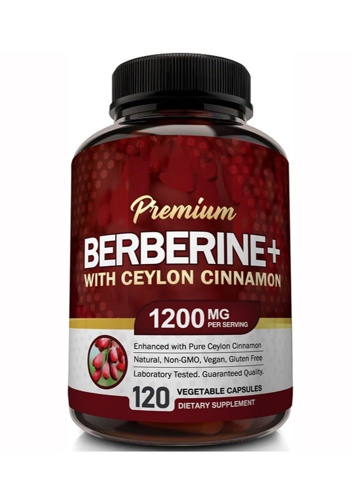 Premium Berberine HCL 1200mg with Ceylon Cinnamon – Natural Blood Sugar & Metabolism Support | Heart & Weight Management Supplement – 120 Capsules - Image 1