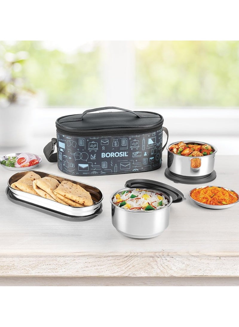 Borosil Carry Fresh Stainless Steel Lunchbox | 3pc Set (280ml x 2 + 475ml x 1 Chapati Dabba) | Tiffin for Office, School & College with Food Grade Steel | Leakproof & Dishwasher Safe | 1 Year Warranty  - Image 1