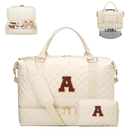CLOUDWINGS Gifts for Women Initial Travel Duffle Bag Quilted Weekender Bags CarryOn Overnight with Cosmetic Bag Gym Bag with Shoe Compartment Hospital Bag for Women Labor Delivery BeigeA - Image 1