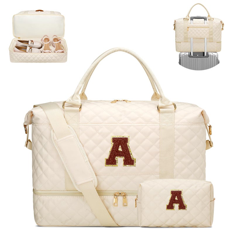 CLOUDWINGS Gifts for Women Initial Travel Duffle Bag Quilted Weekender Bags CarryOn Overnight with Cosmetic Bag Gym Bag with Shoe Compartment Hospital Bag for Women Labor Delivery BeigeA - Image 2