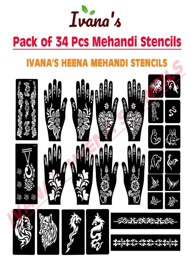 إيفاناز مجموعة إيفانا المكونة من 34 قطعة من قوالب الحناء القابلة لإعادة الاستخدام لليدين والمعصمين والجسم والظهر والرقبة والوجه، عبوة كومبو من القوالب للنساء والفتيات والأطفال، سهلة الاستخدام في 4 خطوات فقط، مجموعة تصميم هندي، A2041 - Image 3