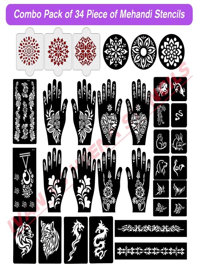 إيفاناز مجموعة إيفانا المكونة من 34 قطعة من قوالب الحناء القابلة لإعادة الاستخدام لليدين والمعصمين والجسم والظهر والرقبة والوجه، عبوة كومبو من القوالب للنساء والفتيات والأطفال، سهلة الاستخدام في 4 خطوات فقط، مجموعة تصميم هندي، A2041 - Image 2