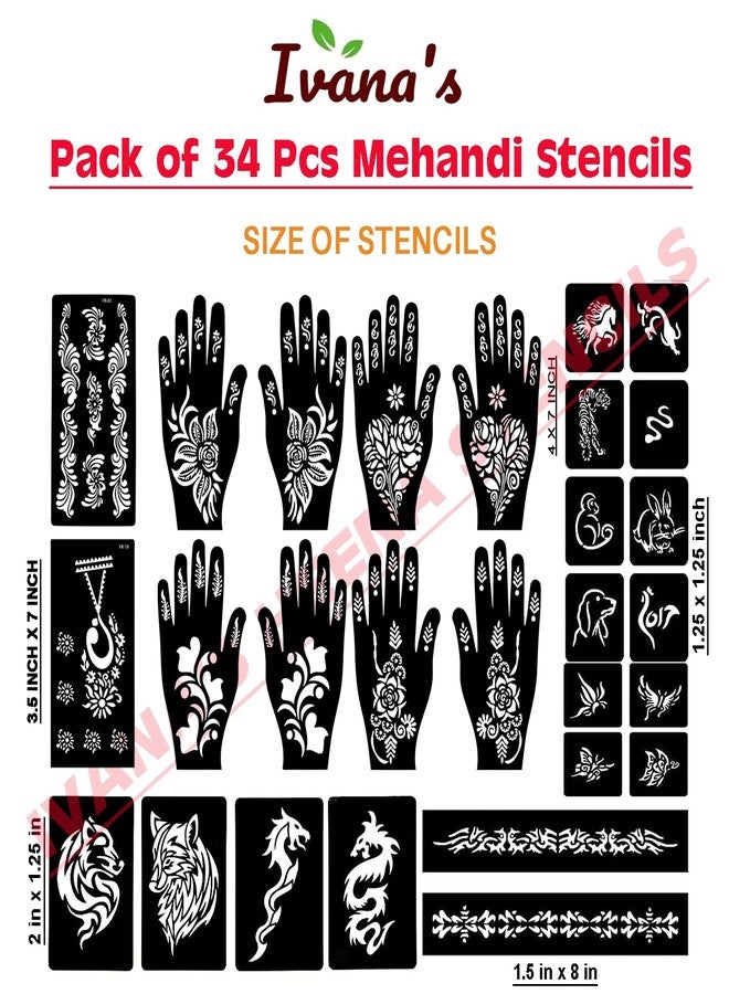 إيفاناز مجموعة إيفانا المكونة من 34 قطعة من قوالب الحناء القابلة لإعادة الاستخدام لليدين والمعصمين والجسم والظهر والرقبة والوجه، عبوة كومبو من القوالب للنساء والفتيات والأطفال، سهلة الاستخدام في 4 خطوات فقط، مجموعة تصميم هندي، A2041 - Image 4