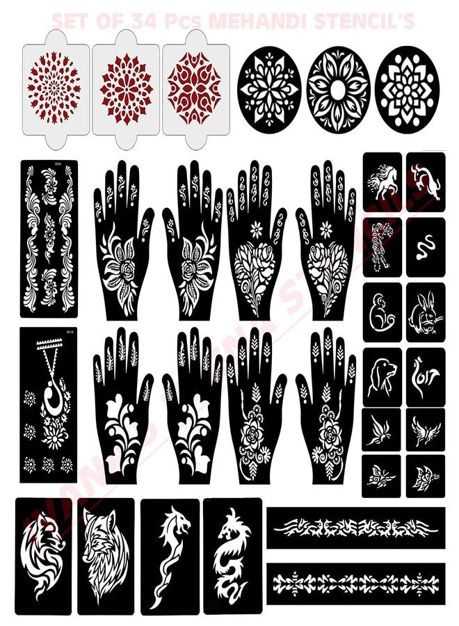 إيفاناز مجموعة إيفانا المكونة من 34 قطعة من قوالب الحناء القابلة لإعادة الاستخدام لليدين والمعصمين والجسم والظهر والرقبة والوجه، عبوة كومبو من القوالب للنساء والفتيات والأطفال، سهلة الاستخدام في 4 خطوات فقط، مجموعة تصميم هندي، A2041 - Image 1