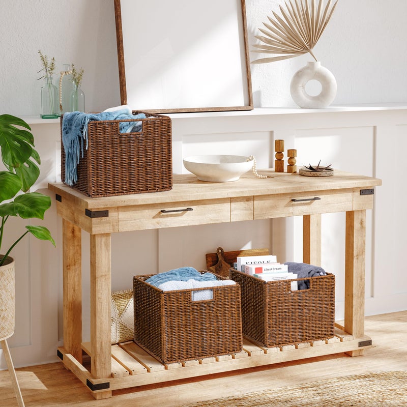 DINGTAI Wicker Storage Basket - Large 12x12x10in Cube, Woven Wicker for Shelves, Pantry, Kitchen & Bathroom Organization (Brown) - Image 2