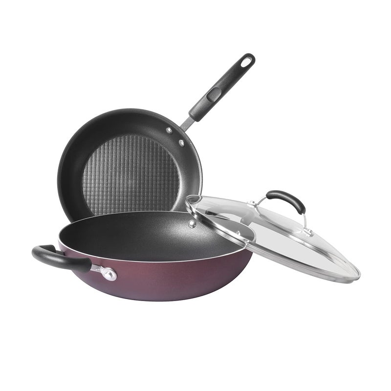 MEYER Meyer Merlot Non-Stick 3pcs Set 26cm Frypan + 26cm Kadai Set with Interchangeable Glass Lid  - Image 1