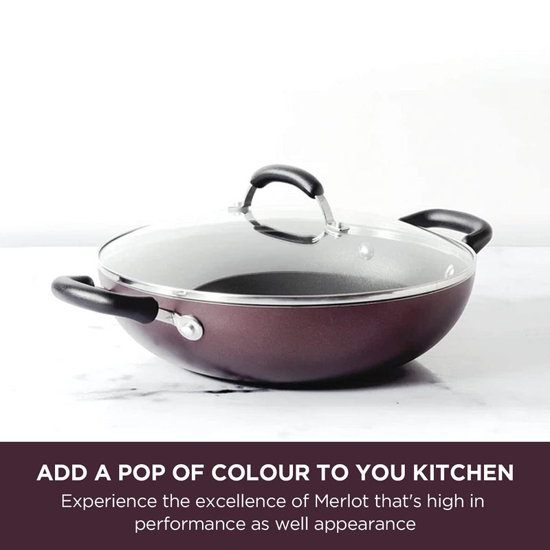 MEYER Meyer Merlot Non-Stick 3pcs Set 26cm Frypan + 26cm Kadai Set with Interchangeable Glass Lid  - Image 3