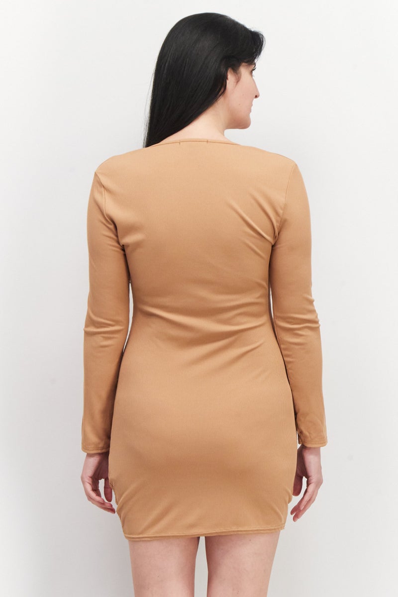 Missguided Women Petite Long Sleeve Ribbed Mini Dress, Tan - Image 3