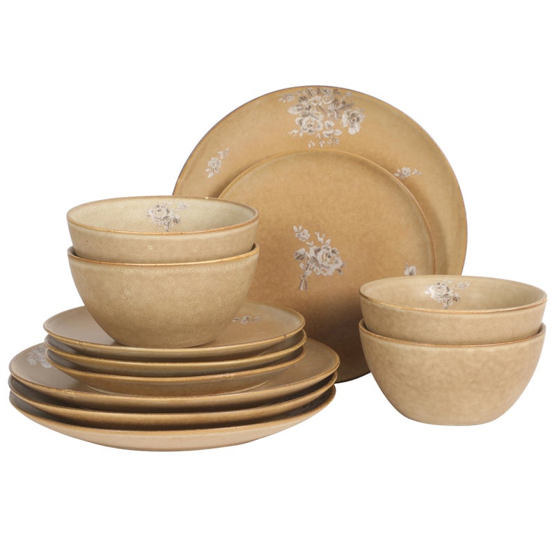 Gibson Elite Valencia Bloom 12 Piece Plates and Bowls Dinnerware Set - Taupe with Floral Decal Dishes - Microwave and Dishwasher Safe - Image 1
