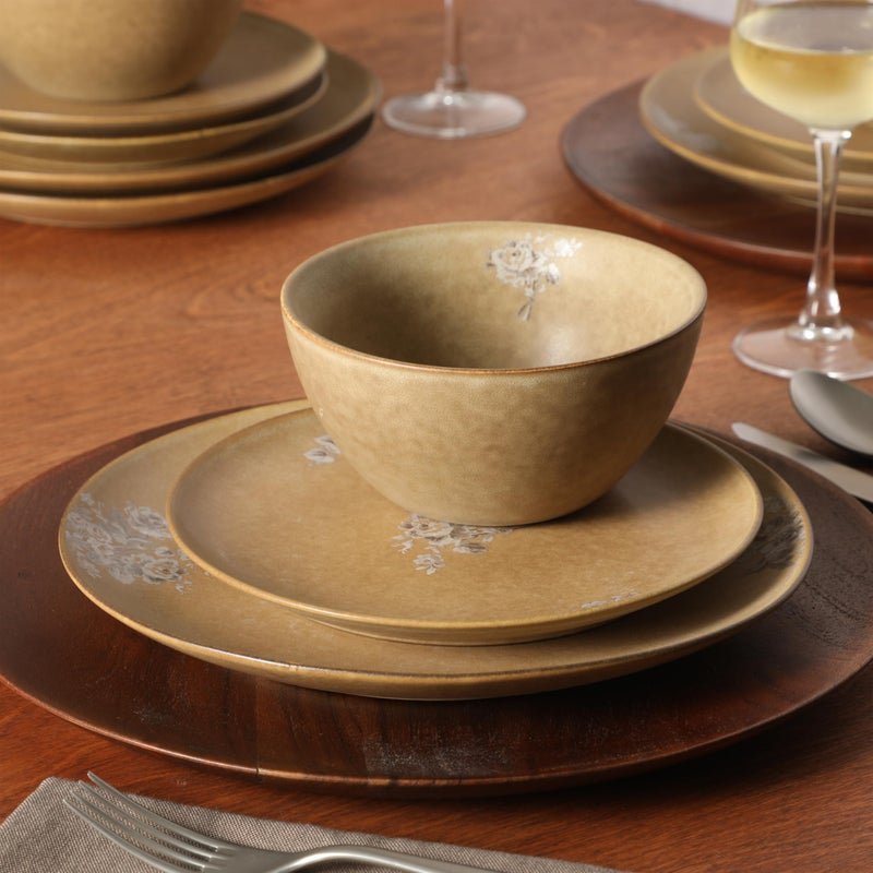 Gibson Elite Valencia Bloom 12 Piece Plates and Bowls Dinnerware Set - Taupe with Floral Decal Dishes - Microwave and Dishwasher Safe - Image 3