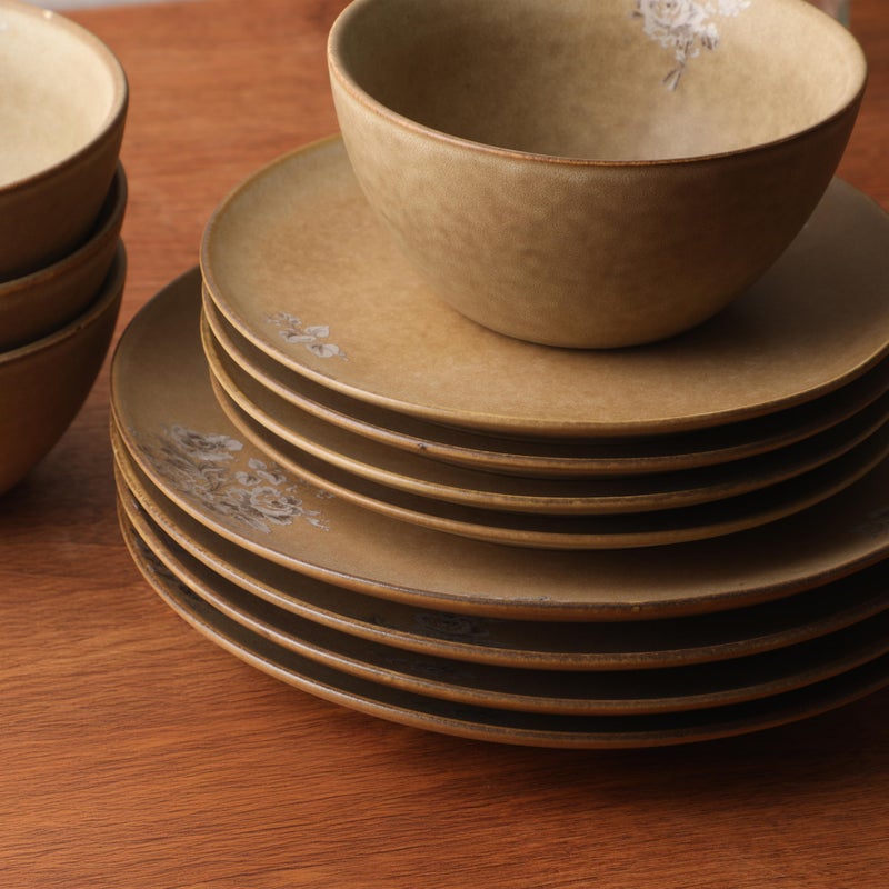 Gibson Elite Valencia Bloom 12 Piece Plates and Bowls Dinnerware Set - Taupe with Floral Decal Dishes - Microwave and Dishwasher Safe - Image 4