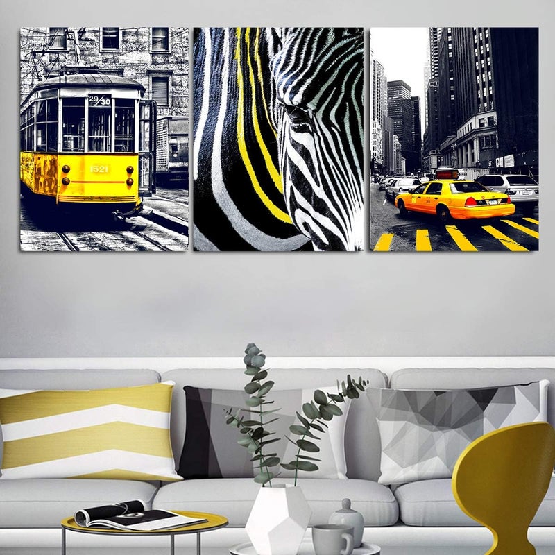 sunfrower Yellow Bus Taxi Canvas Wall Art Black and White Paris Wall Decor Zebra Crossing Prints Painting Artwork 12×16" 3 Pieces London Bridge City Building Pictures Modern Living Room Home Decorations - Image 5