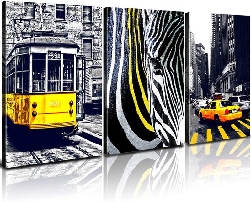 sunfrower Yellow Bus Taxi Canvas Wall Art Black and White Paris Wall Decor Zebra Crossing Prints Painting Artwork 12×16" 3 Pieces London Bridge City Building Pictures Modern Living Room Home Decorations - Image 1