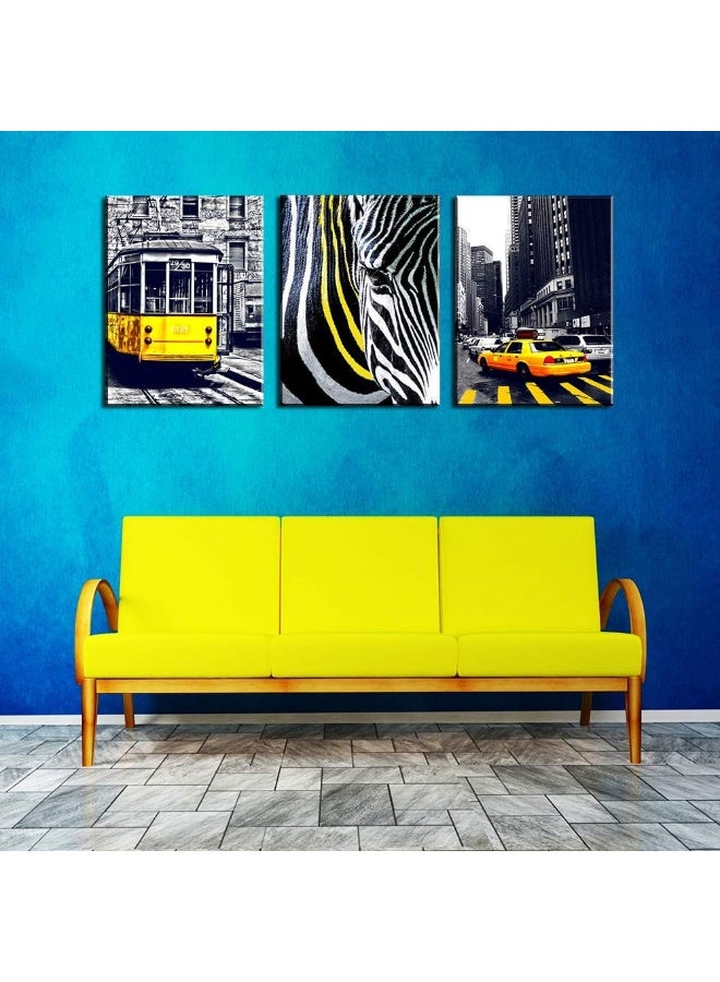 sunfrower Yellow Bus Taxi Canvas Wall Art Black and White Paris Wall Decor Zebra Crossing Prints Painting Artwork 12×16" 3 Pieces London Bridge City Building Pictures Modern Living Room Home Decorations - Image 3