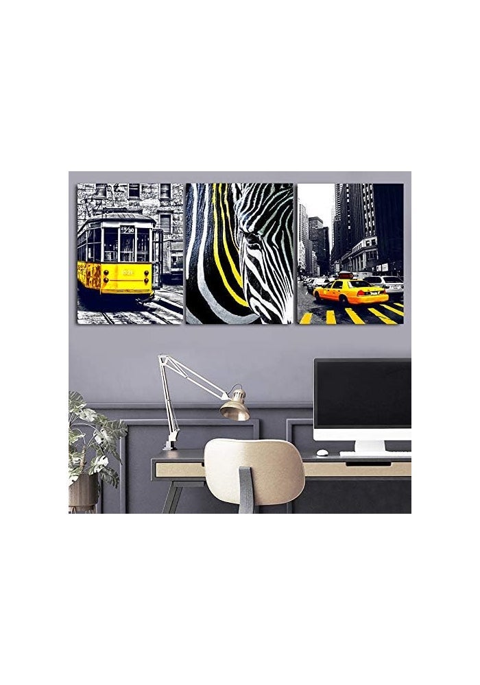 sunfrower Yellow Bus Taxi Canvas Wall Art Black and White Paris Wall Decor Zebra Crossing Prints Painting Artwork 12×16" 3 Pieces London Bridge City Building Pictures Modern Living Room Home Decorations - Image 2