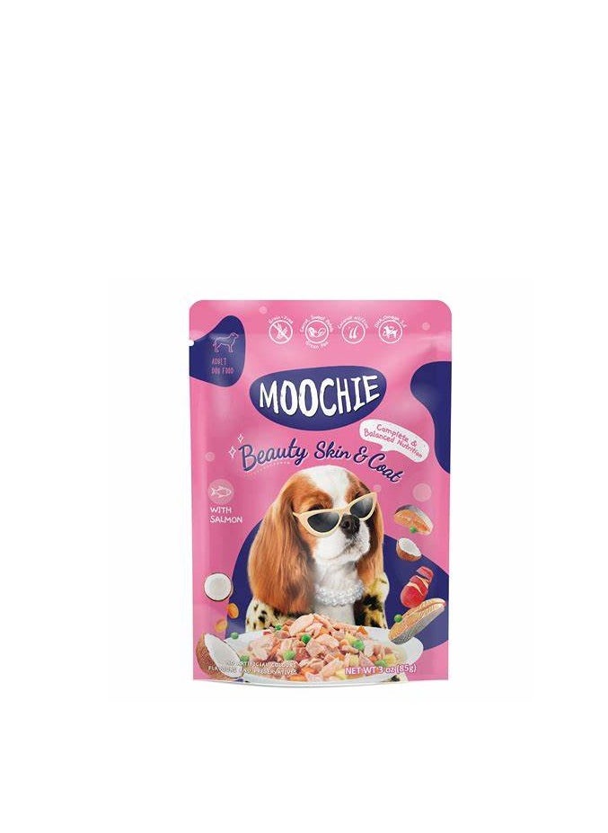 MOOCHIE Moochie Dog Food Casserole with Salmon - Beauty Skin & Coat Pouch 12 x 85g  - Image 1