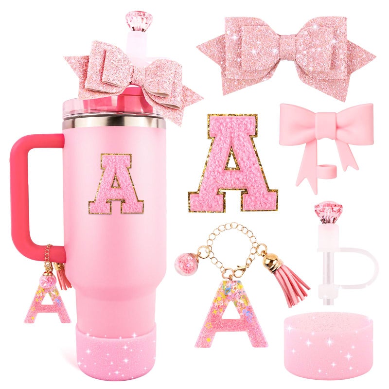 Pink Cup Accessories Set for Stanley 30OZ 40OZ Tumbler with Handle Letter Charms Bow Diamond Straw Covers Glitter Silicone Boot Personalized Sticker for Stanley Cup Accessories K