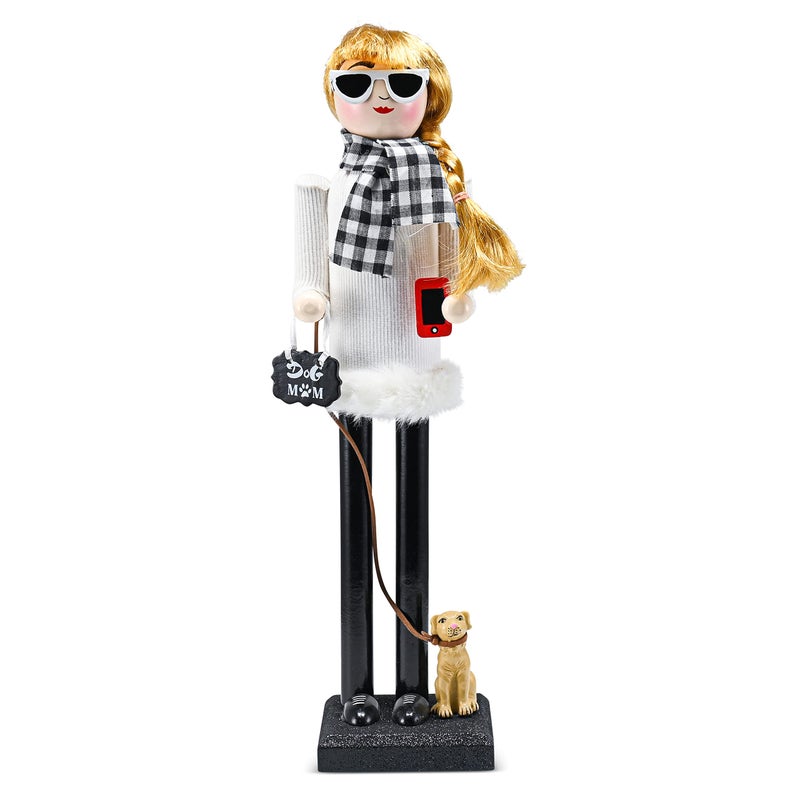 Ornativity Christmas Dog Mom Nutcracker White and Black Wooden Nutcracker Woman with Dog on Leash and a Smartphone in Hand Xmas Themed Holiday Nut Cracker Doll Figure Decorations 15