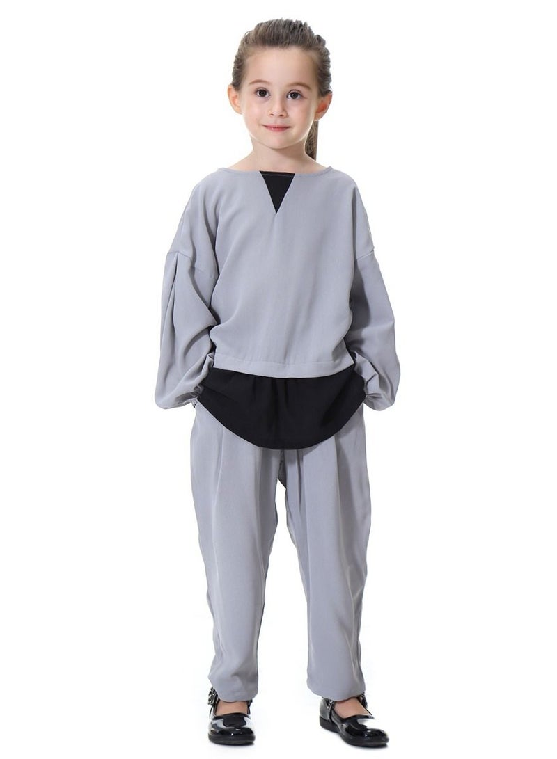 Loquat Girl's 2-Piece Set Outfit Round Neck Top And Loose Harem Pants Suit Grey/Black  - Image 1