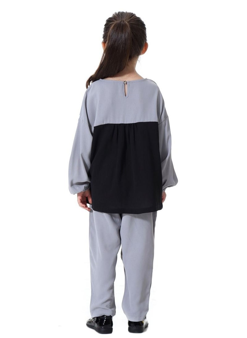Loquat Girl's 2-Piece Set Outfit Round Neck Top And Loose Harem Pants Suit Grey/Black  - Image 3