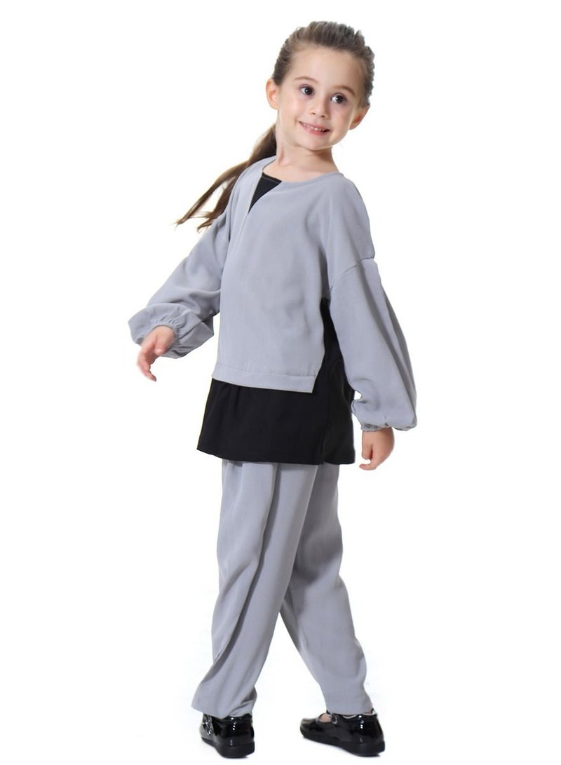 Loquat Girl's 2-Piece Set Outfit Round Neck Top And Loose Harem Pants Suit Grey/Black  - Image 2