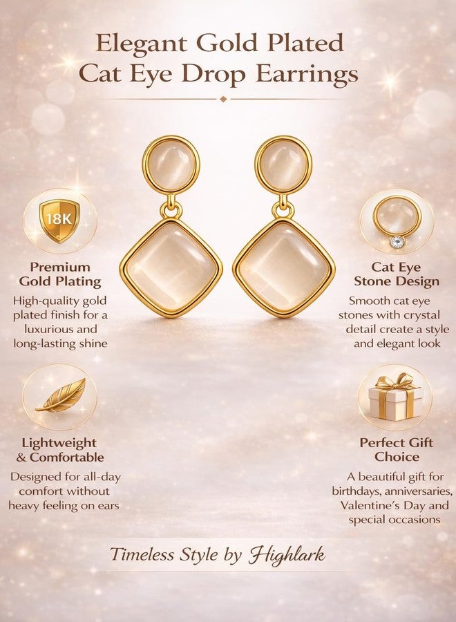Highlark Gold Plated Cat Eye Square Drop Earrings for Women & Girls | Elegant Dangle Earrings | Lightweight Party, Wedding & Daily Wear Fashion Jewellery - Image 5