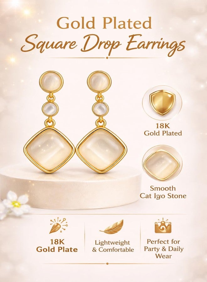 Highlark Gold Plated Cat Eye Square Drop Earrings for Women & Girls | Elegant Dangle Earrings | Lightweight Party, Wedding & Daily Wear Fashion Jewellery - Image 3