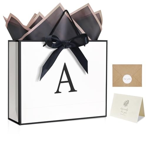 QLSKO Monogrammed Gift Wrap Bag Personalized Initial Paper Bag with Card Matching Envelope Sticker,Bow Ribbon and Wrapping Tissue Birthday Gifts for Women Men (White, A-Medium) - Image 1