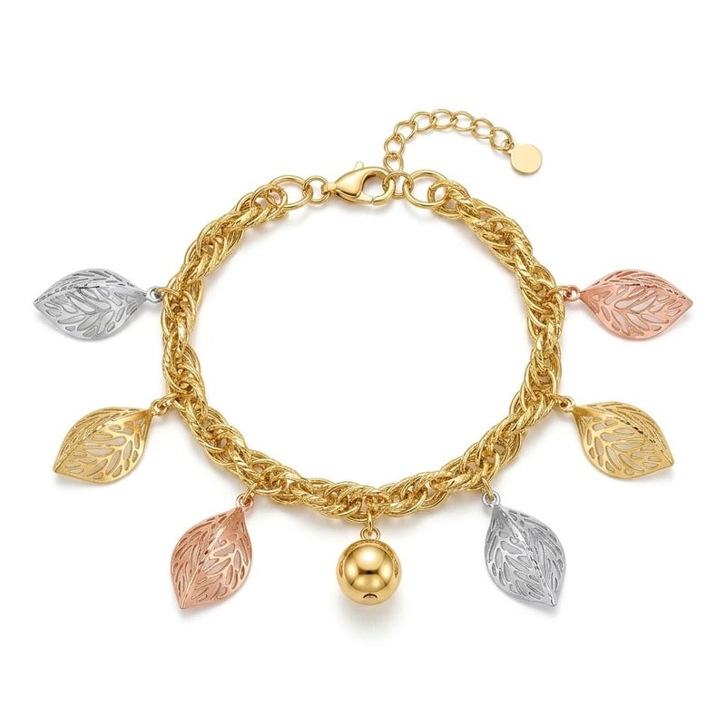 An elegant gold bracelet, with a braided chain and leaf pendants in (silver, rose gold, gold) colors and a shiny gold-colored ball in the middle, with an adjustable clasp to suit you. - Image 1