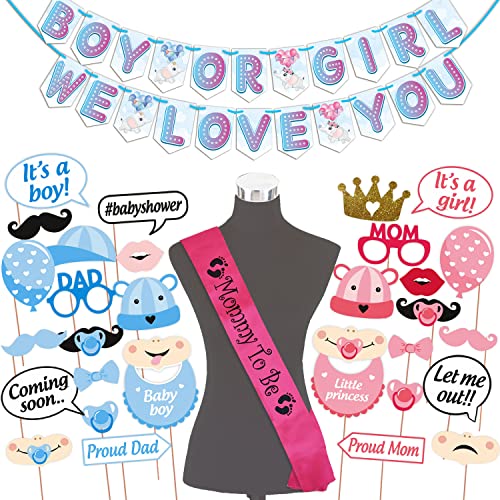 WOBBOX Baby Shower Combo of Party Props 30 Pcs & Boy Or Girl We Love You Bunting Banner, with Mommy to be Rose Red Sash, Baby Shower Decoration Item (Pack of 3) - Image 1