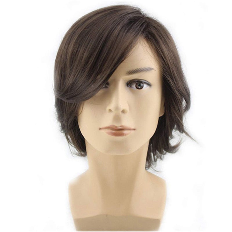 BERON Mens Brown Short Wig Medium Style Wavy Bouncy Side Swept Fringe Bang Hairstyle Wig Heat Resistant Synthetic Hair Wigs with Wig Cap Dark Brown