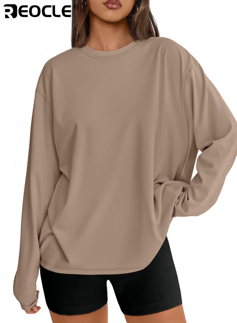REOCLE Women's Oversized Long Sleeve Crew Neck Top Loose-Fit Casual Sweatshirt with Drop Shoulder Design Comfortable & Versatile Pullover for Daily Wear - Image 1