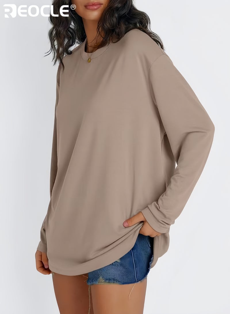 REOCLE Women's Oversized Long Sleeve Crew Neck Top Loose-Fit Casual Sweatshirt with Drop Shoulder Design Comfortable & Versatile Pullover for Daily Wear - Image 3