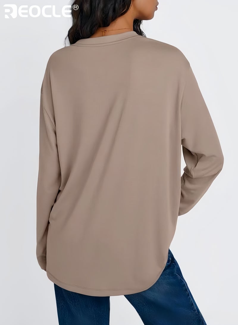 REOCLE Women's Oversized Long Sleeve Crew Neck Top Loose-Fit Casual Sweatshirt with Drop Shoulder Design Comfortable & Versatile Pullover for Daily Wear - Image 4
