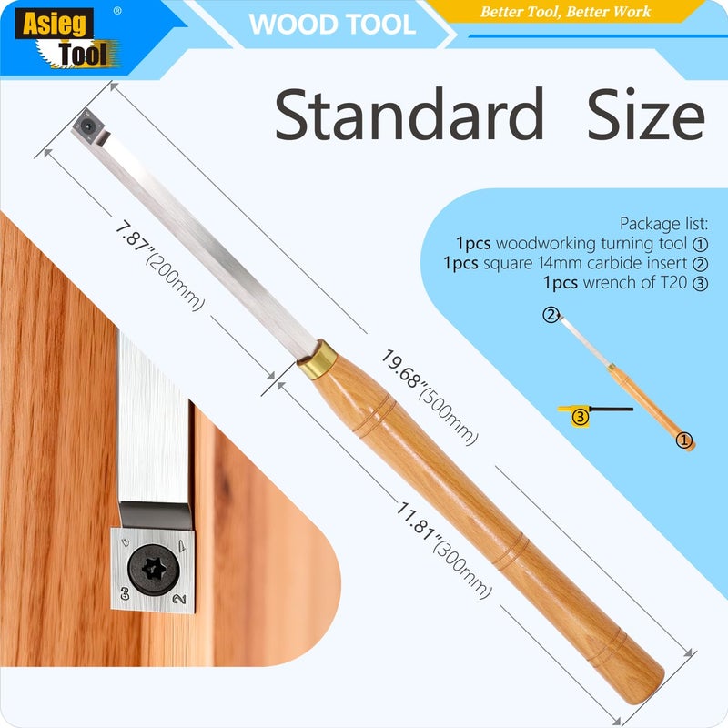 Asieg Tool Wood Turning Tools Rougher Carbide Tipped Lathe Chisel Tool Bar 19.68 Inches With 14mm Straigt Edge Square Carbide Insert for Wood Hobbyist or DIY or Carpenter - Image 2