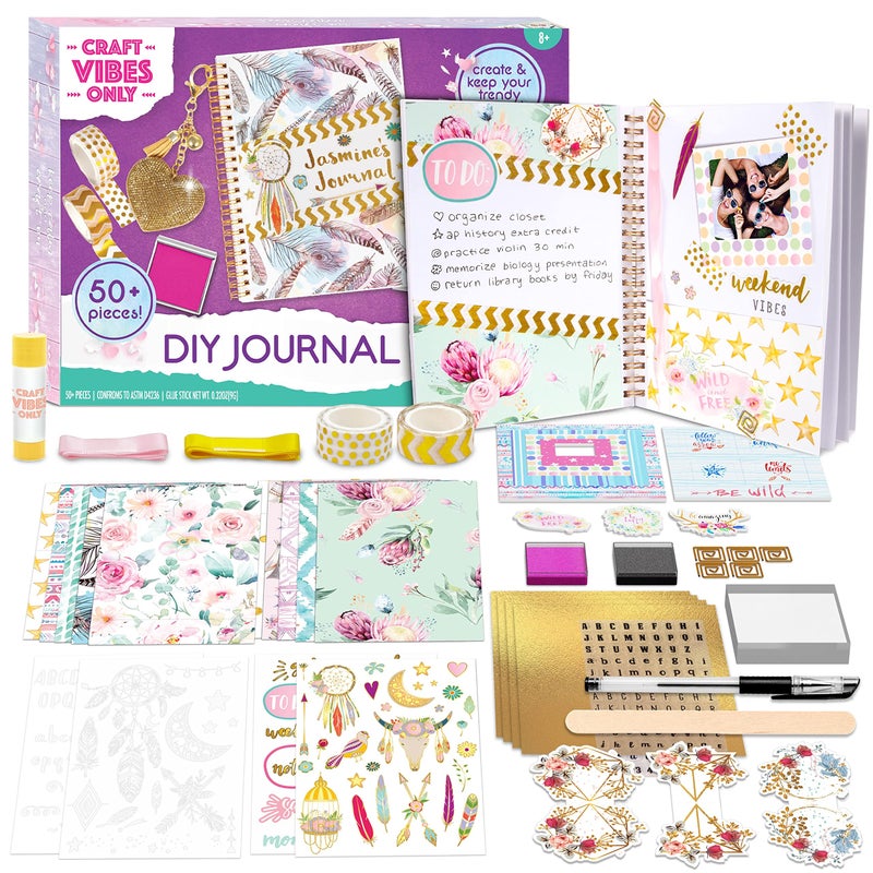 Creative Kids Good Vibes Journal DIY Set by Craft Vibes Only  Personalized Diary  Custom Journals for Girls  Creative Writing Scrapbook Kit  Customize Your Notebook  Pen Included  Ages 8  Up