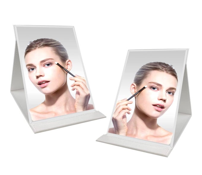 FOLDABLE MAKEUP MIRROR WITH STAND COMPACT PORTABLE FOLDING FREE STANDING TRAVEL VANITY MIRROR FRAMELESS PU LEATHER WHITEPACK OF 2