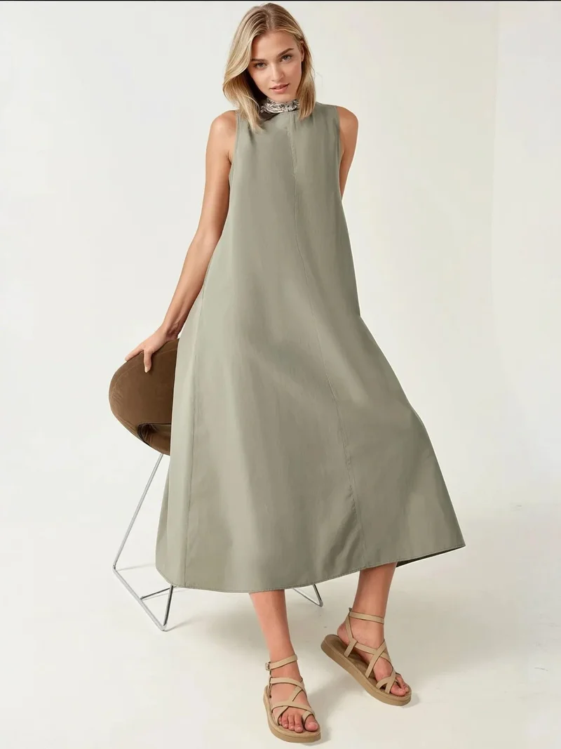 زوبعة فستان ماكسي بتصميم - بدون أكمام بياقة دائرية من مجموعة