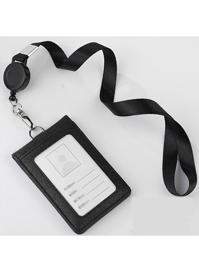 ID Card Leather ID Badge Holder with Lanyard Heavy Duty Retractable PU Leather for Office School Driver Licence