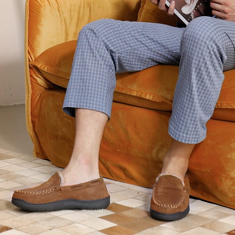 Zigzagger Men's Moccasin Slippers Memory Foam House Shoes, Indoor and Outdoor Warm Loafer Slippers, Tan, 11.5 M US - Image 2