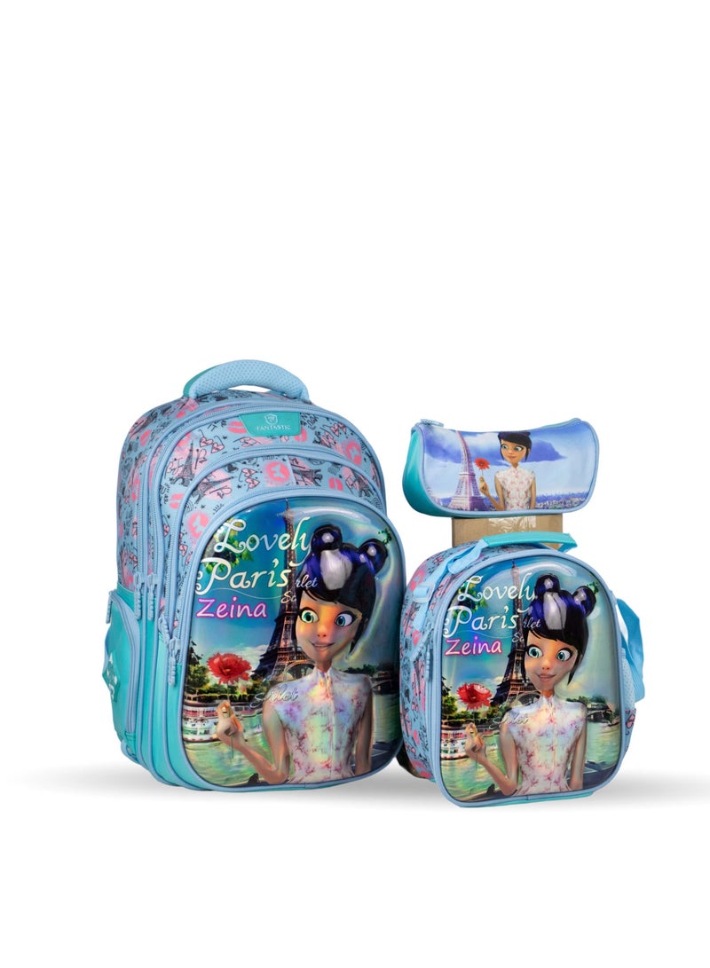 Fantastic QY008 Fantastic Paris School Bag, 3-Piece Set, Backpack with Lunch Bag and Pencil Case, Turquoise Blue
